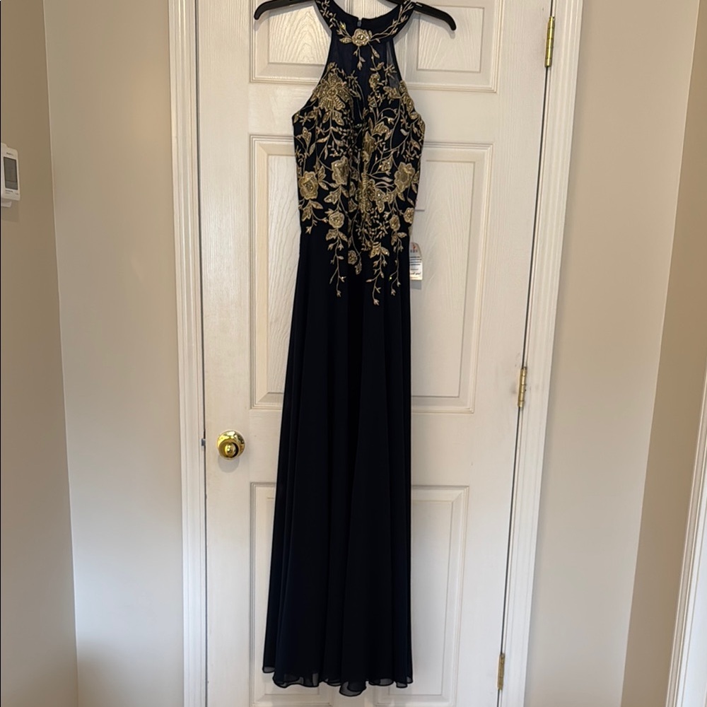 Elegant Navy and Gold Evening Gown